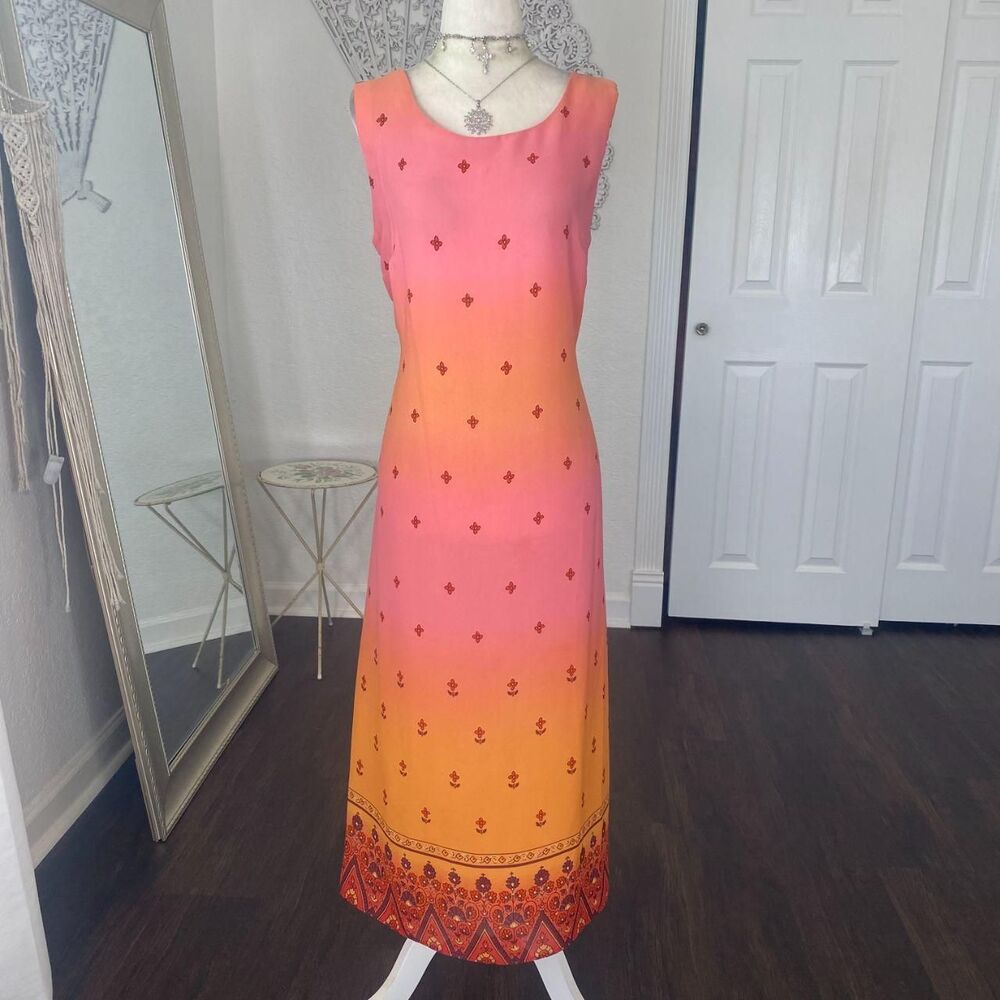 Early 2000's Color Gradient Orange Pink Red Sunset Floral Midi Maxi Dress L